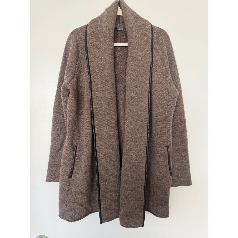 Vince M Brown Wool Yak Alpaca Cashmere Leather Trim Open Front Cardigan Coatigan